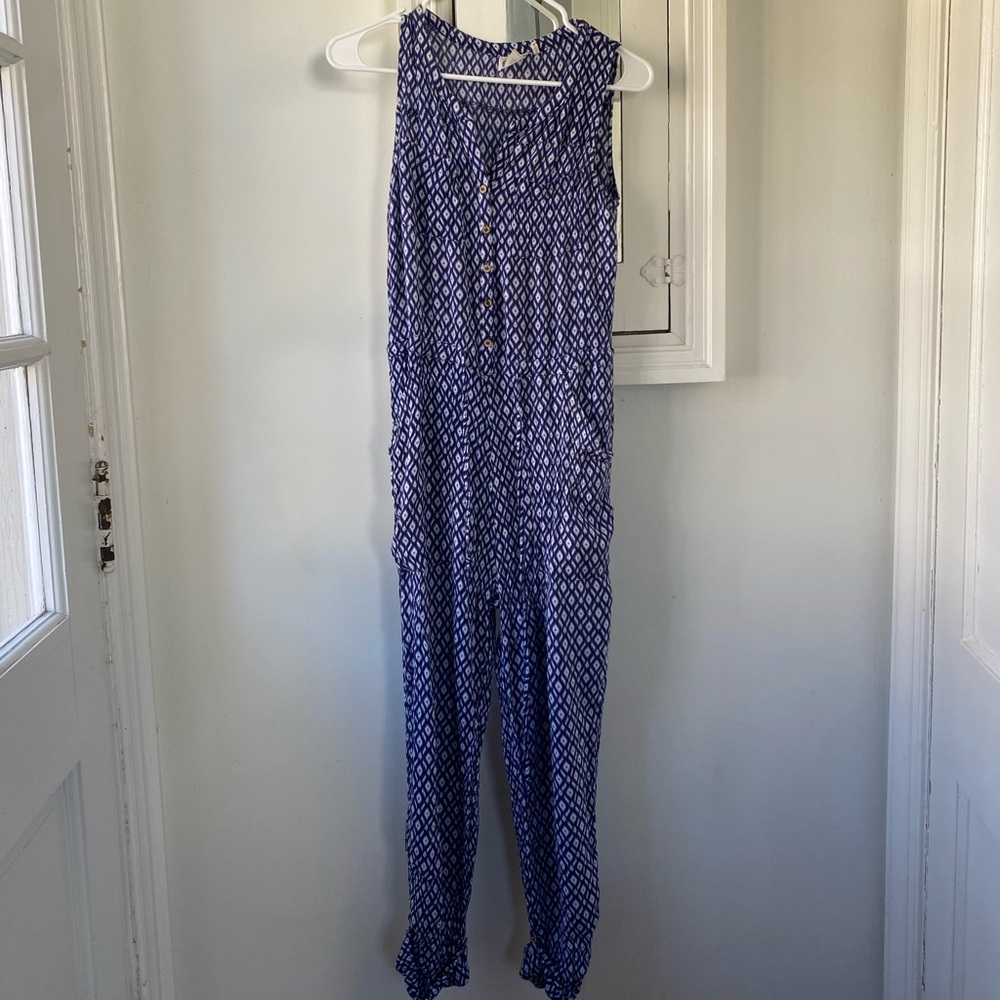 Anthropologie Lilka royal blue button down okay print jumpsuit
